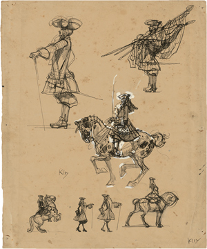Lot 7230, Auction  116, Kley, Heinrich, Skizzenblatt mit höfischen Reitern, Fahnenträgern und 
