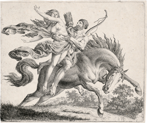 Lot 5620, Auction  122, Kolbe, Carl Wilhelm, Ein mit einem Pelz bekleideter und mit Pfeil und Bogen bewaffneter Mann zu Pferde, ein Mädchen entführend