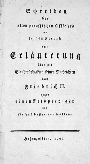 Lot 220, Auction  125, Kaltenborn, Rudolph Wilhelm von, Schreiben des alten preussischen Officiers an seinen Freund. Hohenzollern (d. i. Braunschweig) 1792
