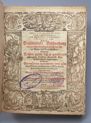 Los 348 - Agricola, Johann Georg - Cervi cum integri et vivi...Das ist: Außführl. Beschreibung diß gantzen Lebendigen Hirschens. Amberg, Forster, 1617. - "Sein Werk über den Hirsch verbindet erstmals eine naturgeschichtliche Darstellung mit der Schilderung medizinischer Verwendbarkeit" - 2 - thumb