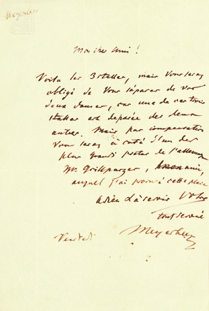 Lot 2170, Auction  125, Meyerbeer, Giacomo, Brief an einen Freund wegen Theaterkarten