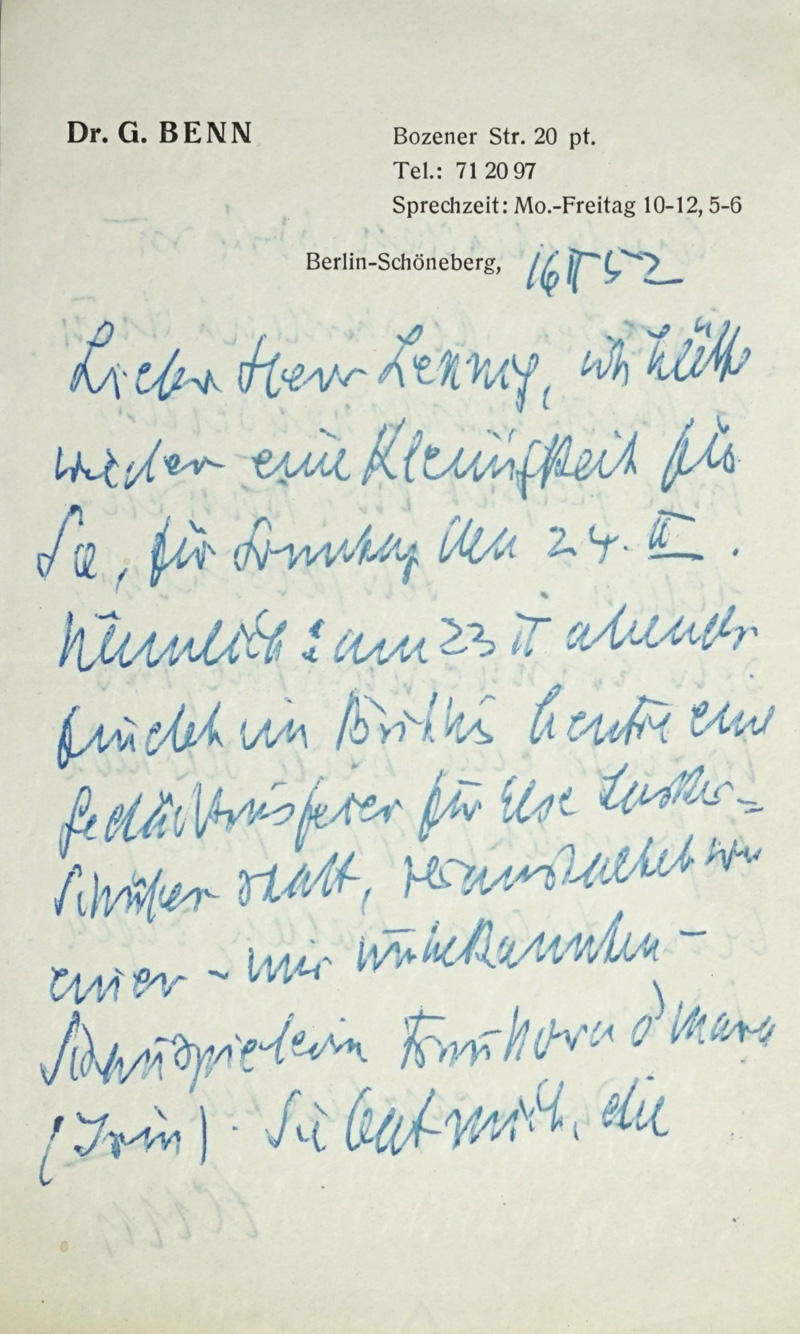 Lot 2004, Auction  125, Benn, Gottfried, Brief an Walter Lennig. 1952