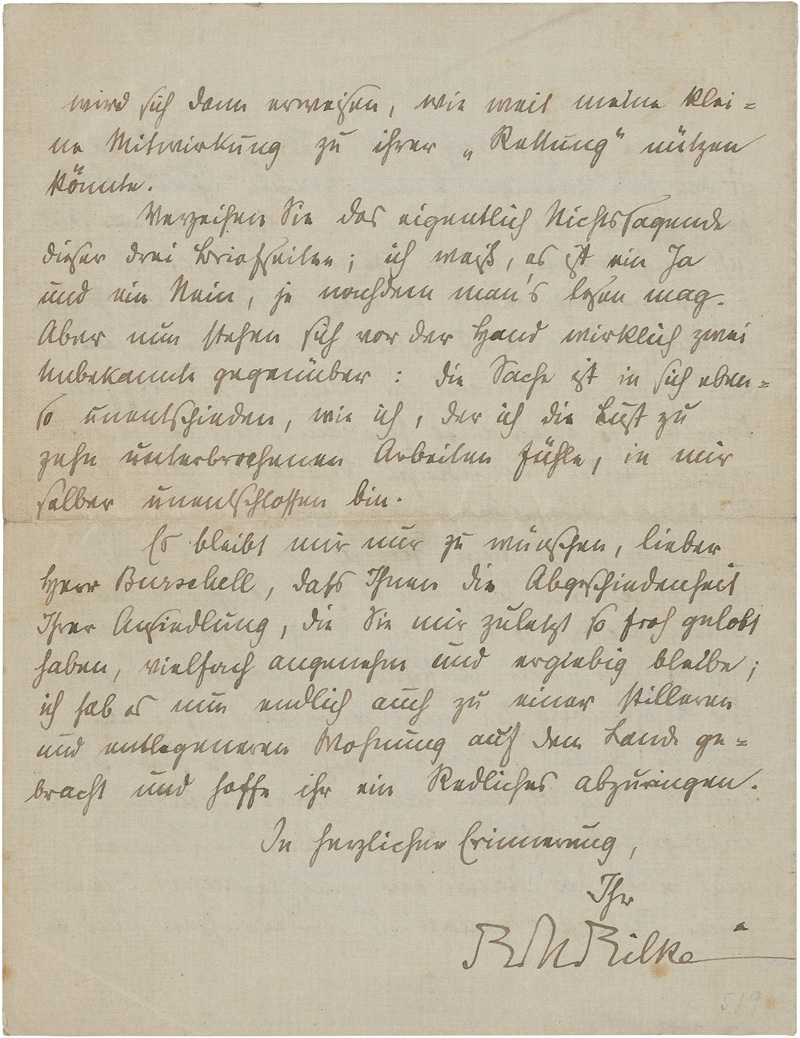 Lot 2044, Auction  125, Rilke, Rainer Maria, Brief an Friedrich Burschell. 1920