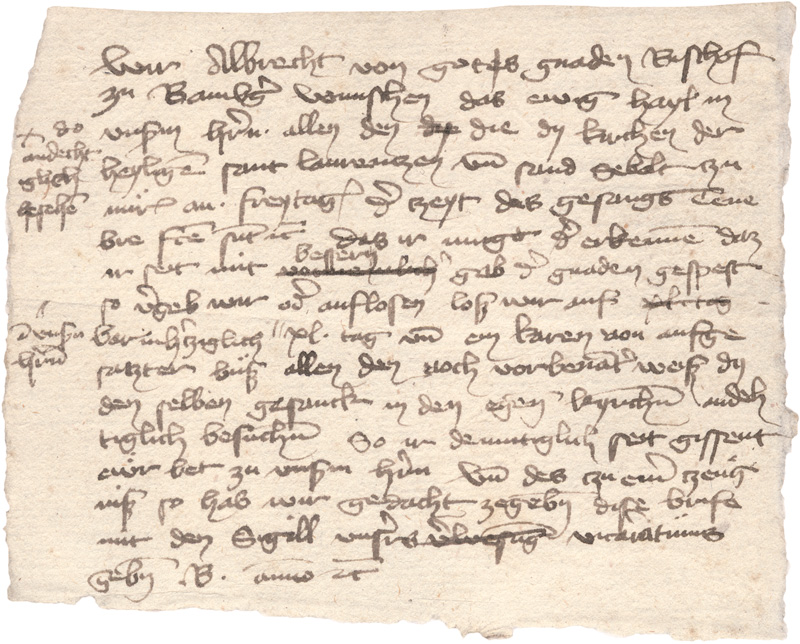 Lot 2083, Auction  125, Bamberg.- Albrecht von Wertheim, Eigenh. Briefkonzept. Bamberg (um 1400)