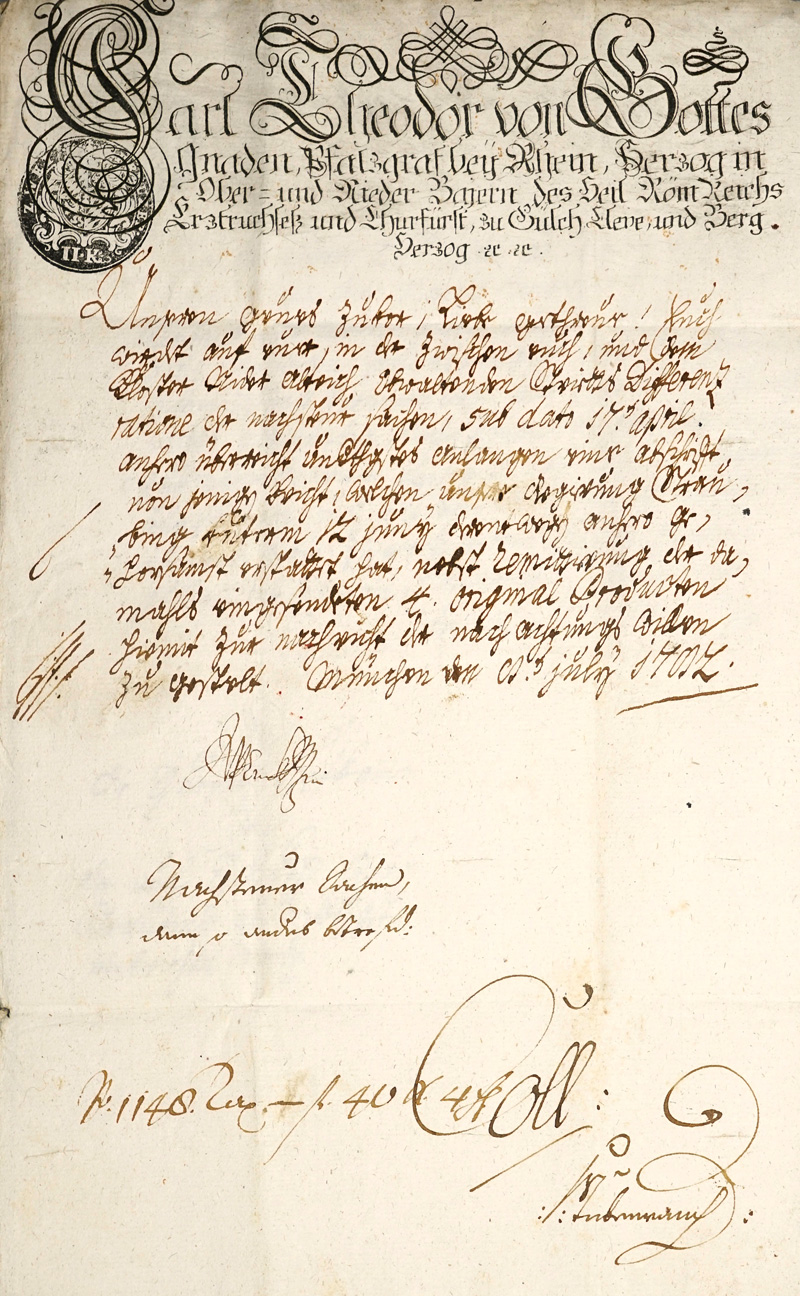 Lot 2084, Auction  125, Bayern.- Karl Theodor, Kurfürst von Bayern, Brief zum Thema Kloster Niederalteich