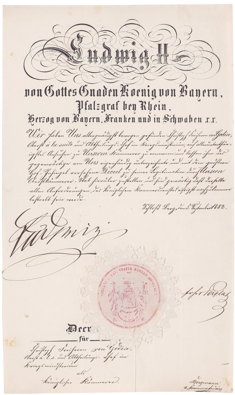 Lot 2086, Auction  125, Bayern.- Ludwig II., König von Bayern, Urkunde: Ernennung zum königl. Kämmerer