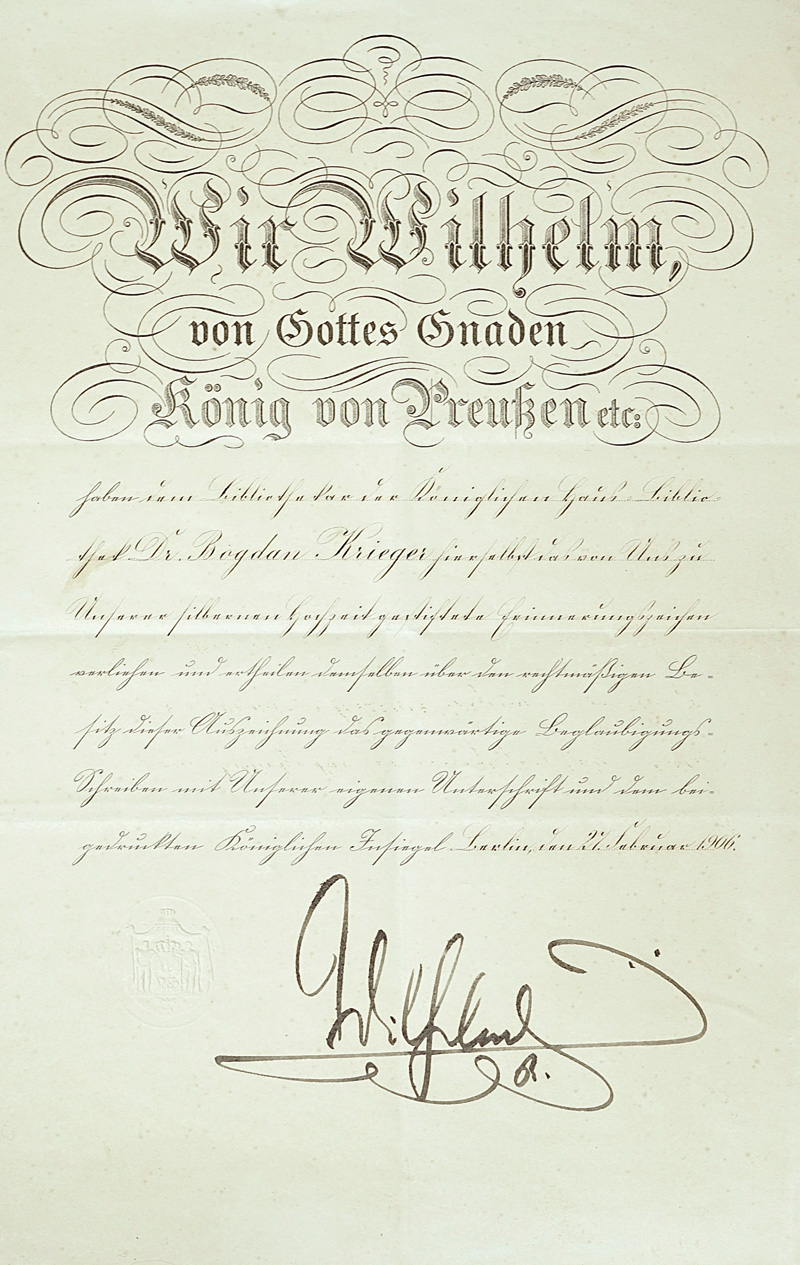 Lot 2118, Auction  125, Wilhelm II., Deutscher Kaiser, König von Preußen, Ordensverleihung an Bogdan Krieger