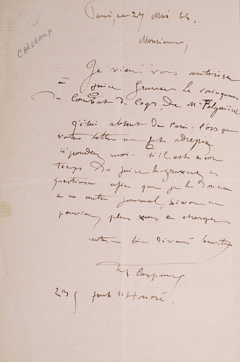 Lot 2124, Auction  125, Carpeaux, Jean-Baptiste, Brief an einen Redakteur. 1864