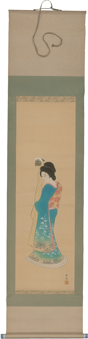 Lot 603, Auction  126, Bijin mit Theatermaske, Japanisches Kakemono-Rollbild einer Schönheit im Kimono