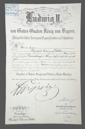 Lot 2575, Auction  126, Bayern., Urkunde: Patent als Generalmajor für Oberst von Godin. 1885