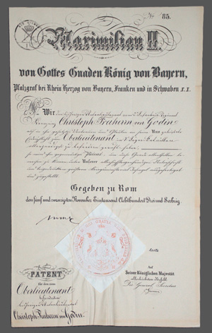 Lot 2576, Auction  126, Bayern., Urkunde: Patent als Oberleutnant für den Freiherrn von Godin.1863.