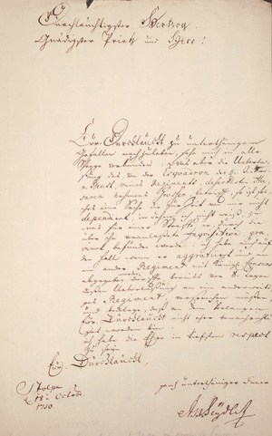 Lot 2600, Auction  126, Seydlitz, Alexander Gottlieb von, Brief an einen Prinzen über einen Deserteur. 1750