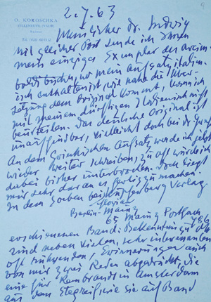Los 2615 - Kokoschka, Oskar - Brief an Ludwig Goldscheider über seine Bücher. 1963 - 0 - thumb