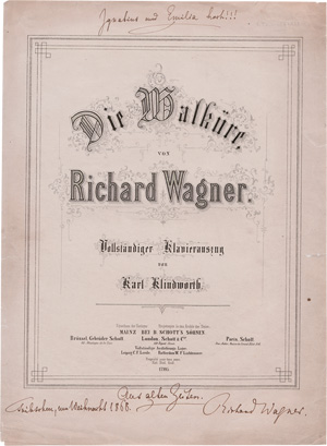 Wagner, Richard, Widmung auf dem Umschlagblatt eines Klavierauszugs. 1868