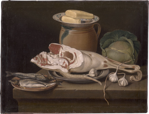 Lot 6044, Auction  126, Beck, Jacob Samuel, Küchenstillleben mit Schinken, Herringen, Knoblauch ... Butter