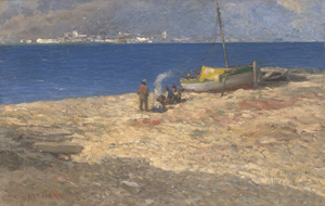 Lot 6177, Auction  126, Hermann, Hans, Orientalische Fischer mit Booten am Meeresstrand mit Blick über eine Bucht auf eine weiße Stadt (Tunis?).