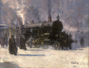 Los 6206 - Kreibich, Vilém - Vor der Abfahrt: Dampfende Lokomotive am winterlichen Gleis - 0 - thumb