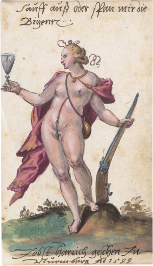 Lot 6504, Auction  126, Harrich, Jobst, Weibliche Figur mit Flinte und Weinglas