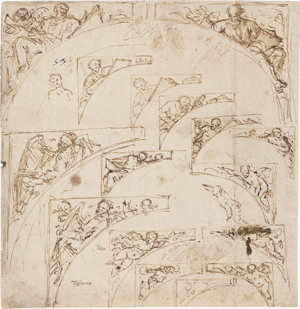 Lot 6520, Auction  126, Italienisch, 16. Jh. Studienblatt mit Entwürfen zu Zwickeln mit den Evangelisten