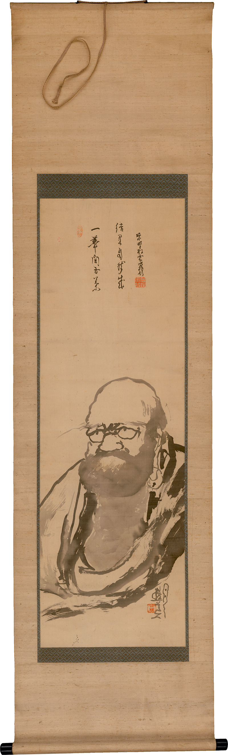 Lot 606, Auction 126, Bodhidharma, Japanisches Kakemono-Rollbild mit der Darstellung eines Mönchs. Schwarze Tusche auf Leinen