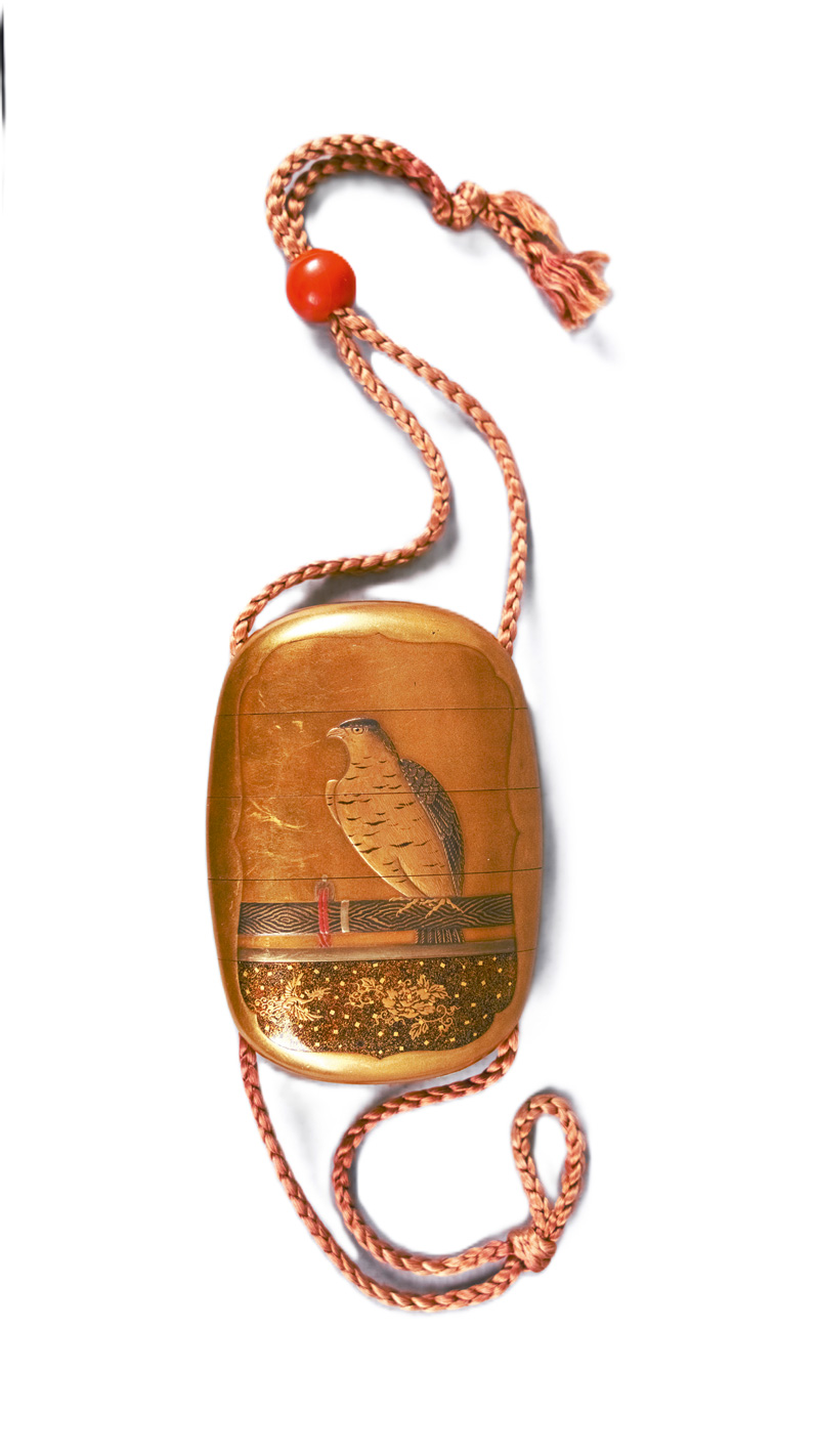 Lot 633, Auction 126, Inrô mit Falkendekor, 5-teiliges Aufbewahrungs-Behältnis, signiert "Kajikawa"
