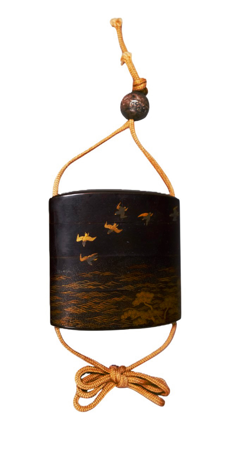 Lot 641, Auction 126, Inrô mit Zugenten, 4-teiliges Aufbewahrungs-Behältnis, unten signiert in Gold-Kanji "Koma Koryu saku"