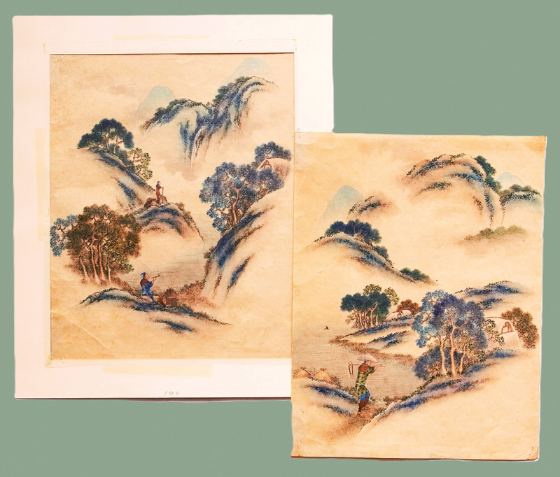 Lot 645, Auction 126, Japanische Landschaftsmalerei, 2 Ansichten von Berglandschaften in Aquarell über Tuschezeichnung. Japan Ende 19. Jahrhundert