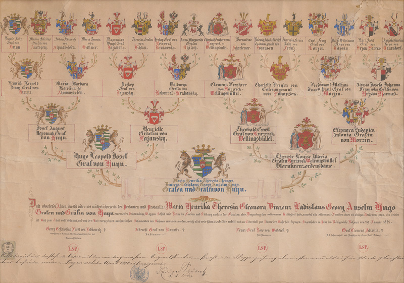 Lot 1050, Auction 126, Huyn, Grafen und Gräfin von, Wappenstammbaum der Gräfin Aloisia, Josepha Johanna Hrzan von Harras. Deutsche Handschrift auf Pergament