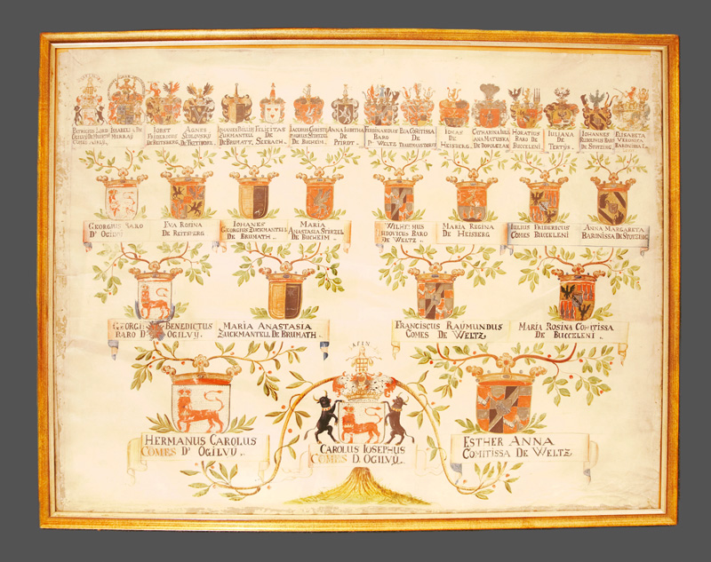 Lot 1052, Auction 126, Ogilvy, Karl Joseph, Wappenstammbaum des Grafen "Carolus Iosephus Comes d. Ogilvü". Deutsche Handschrift auf Pergament