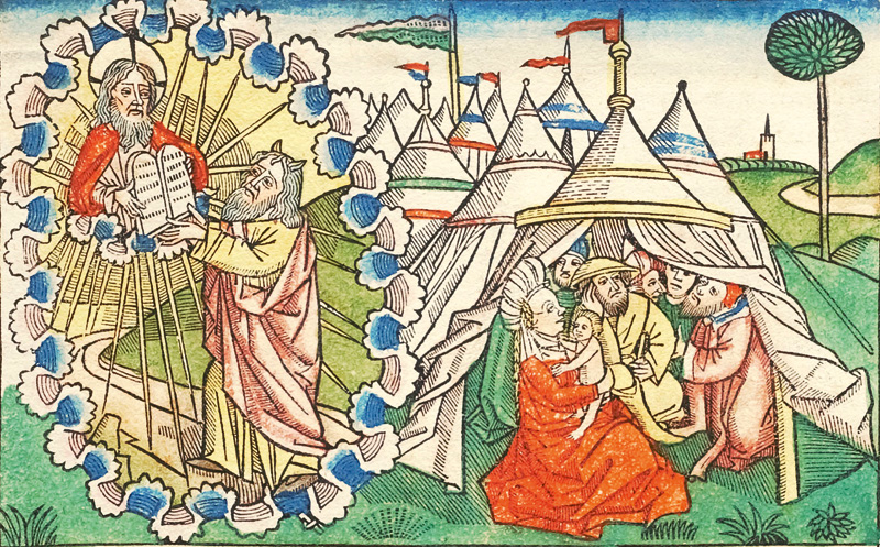 Lot 1061, Auction 126, Koberger-Bibel, Einzelblatt aus der "Neunten deutschen Bibel". Mit koloriertem Holzschnitt von Moses, der die Gesetzestafeln von Gott empfängt. Nürnberg, Anton Koberger, 1483
