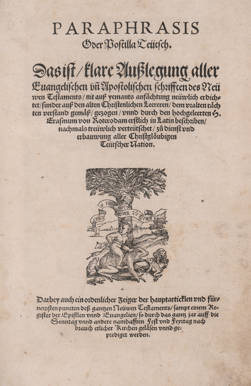 Lot 1126, Auction 126, Erasmus von Rotterdam, Desiderius, Paraphrasis oder Postilla Teütsch. Zürich, Froschauer, 1552