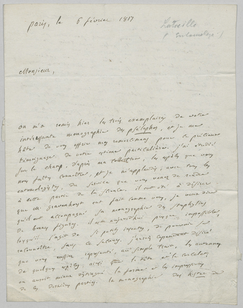Lot 2561, Auction  126, Latreille, Pierre André, Brief an einen Fachkollegen. 1817