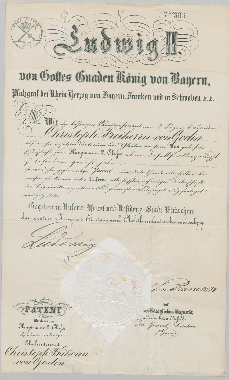 Lot 2574, Auction 126, Bayern., Urkunde: Patent als Hauptmann 2. Classe.1866