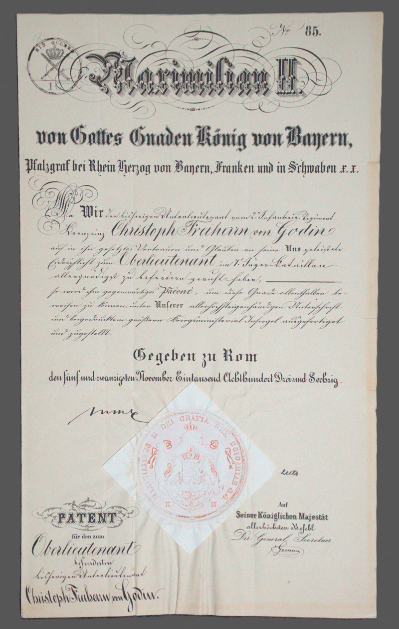 Lot 2576, Auction  126, Bayern., Urkunde: Patent als Oberleutnant für den Freiherrn von Godin.1863.
