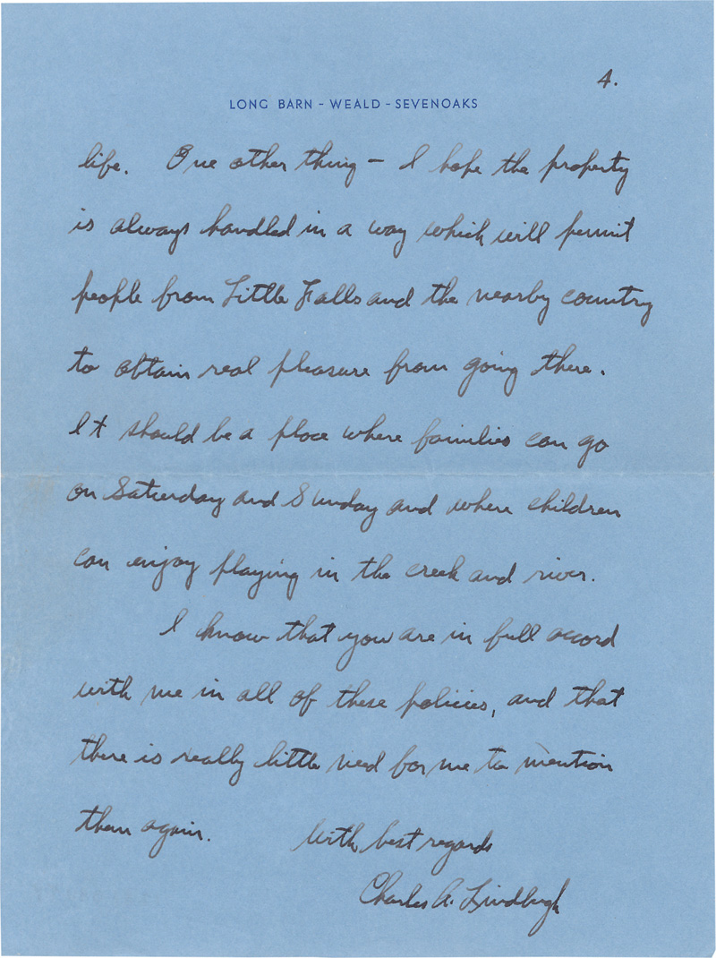 Lot 2592, Auction 126, Lindbergh, Charles, Brief über die Umgestaltung seiner Farm in Miinnesota.1936