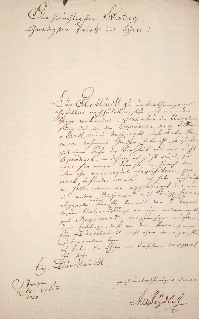 Lot 2600, Auction 126, Seydlitz, Alexander Gottlieb von, Brief an einen Prinzen über einen Deserteur. 1750