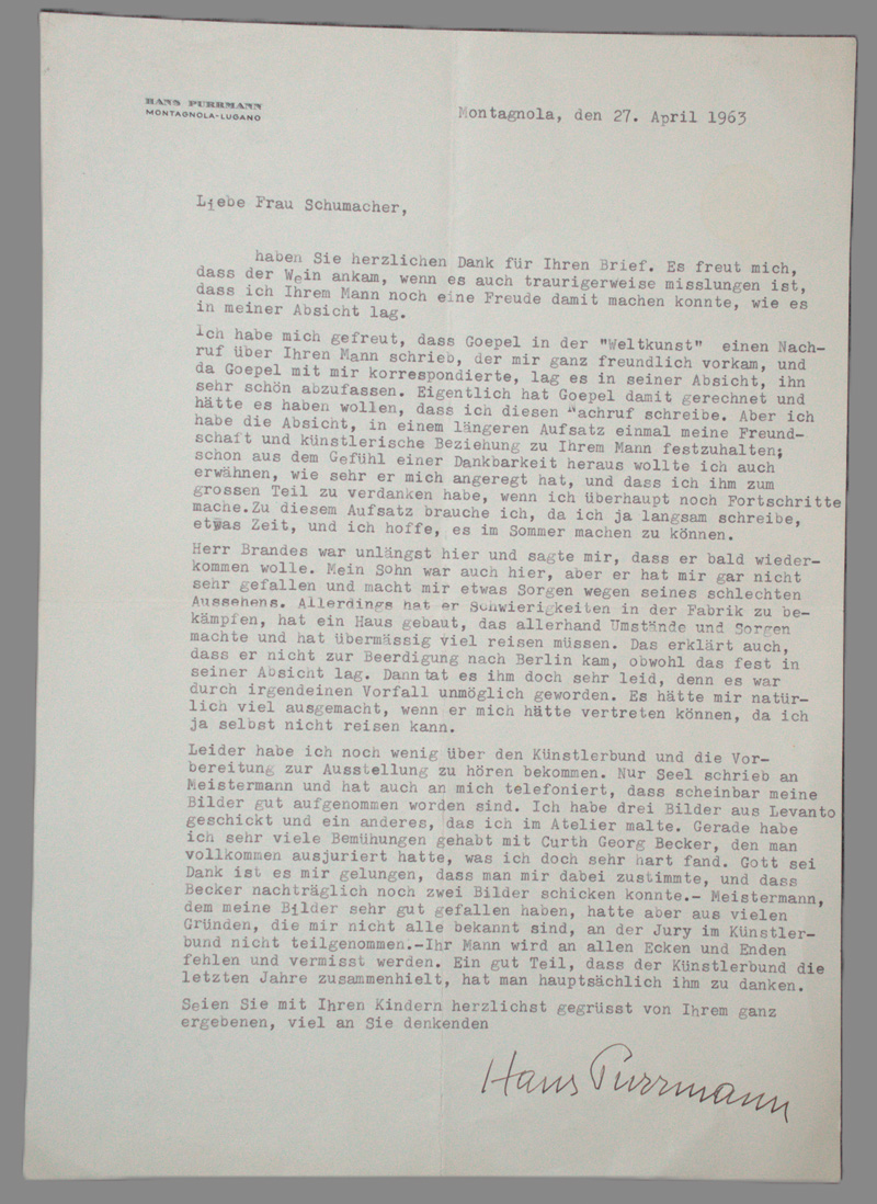 Lot 2619, Auction 126, Purrmann, Hans, Brief an die Witwe des Malers Ernst Schumacher. 1963