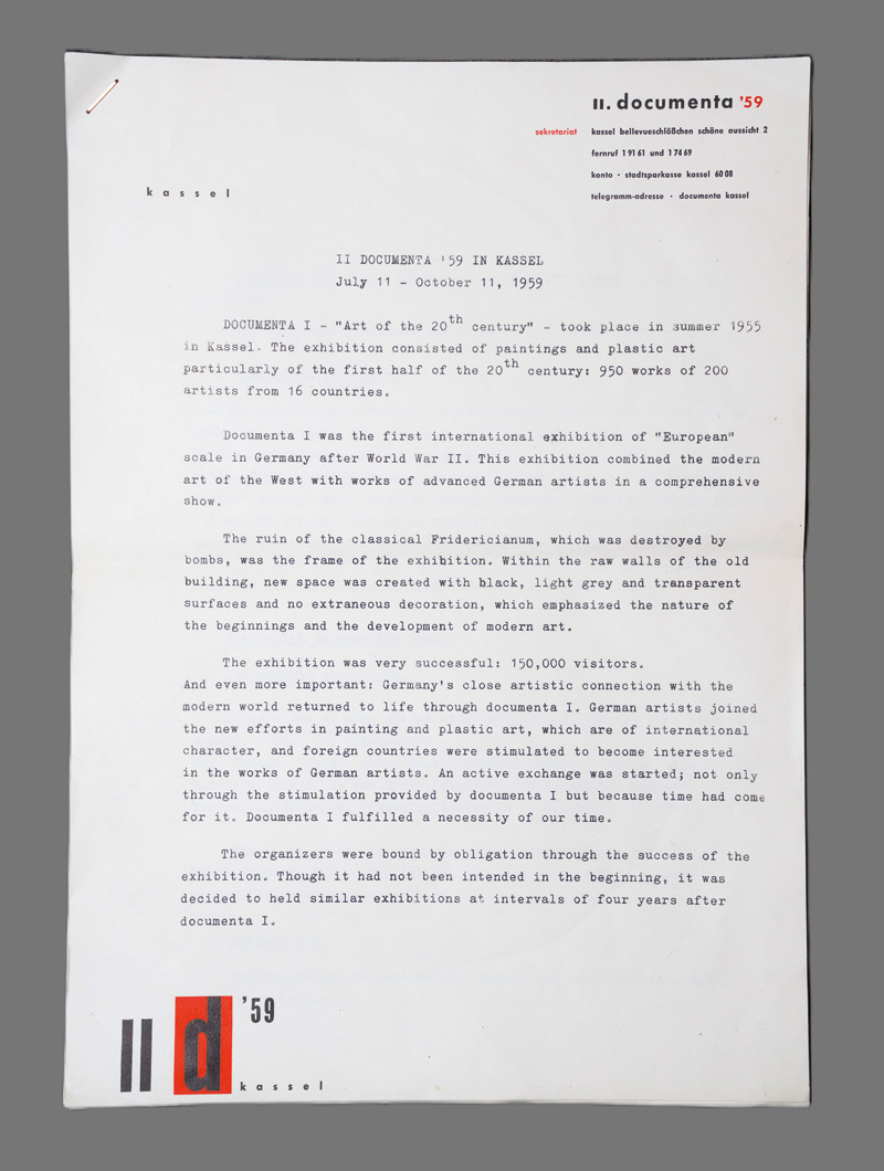 Lot 3059, Auction 126, Documenta, Presseinformationsblatt (engl.) zur II. documenta. Kassel 1959