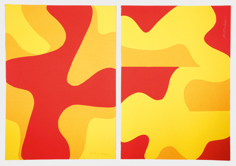 Lot 3167, Auction 126, Iizuka, Hashiro, 2 abstrakte signierte Farbcollagen in Gelb, Orange und Rot