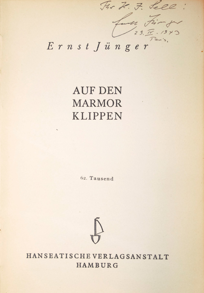 Lot 3201, Auction 126, Jünger, Ernst, Auf den Marmorklippen. Hamburg 1941. - Widmungsexemplar, datiert: Paris 1943