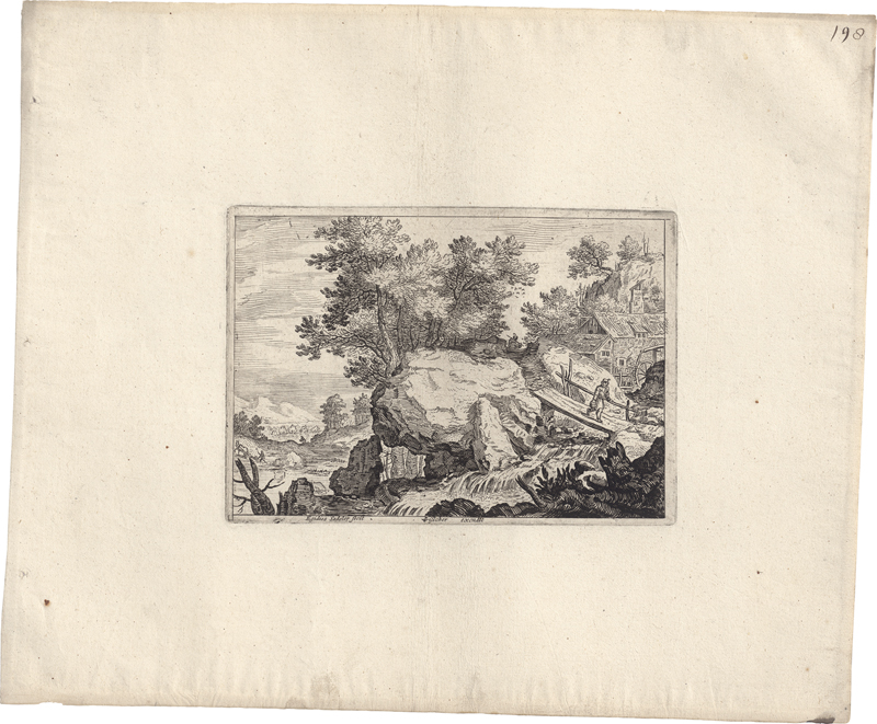 Lot 5223, Auction 126, Sadeler II, Aegidius, Felsige Landschaft mit einem Mann, der eine Brücke überquert