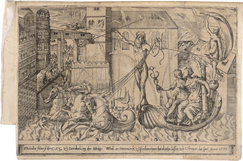 Lot 5531, Auction 126, Deutsch, 1595. Freuden feuer: Feuerwerk auf dem Schloss des Markgrafen von Brandenburg in Cölln an der Spree