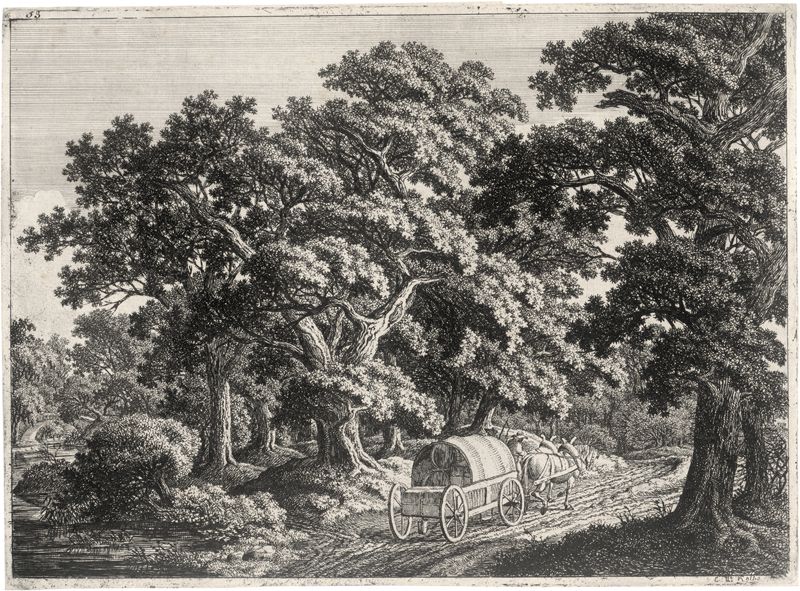 Lot 5601, Auction 126, Kolbe, Carl Wilhelm, Waldgegend: Auf einem Weg vorn ein Planwagen mit zwei Pferden