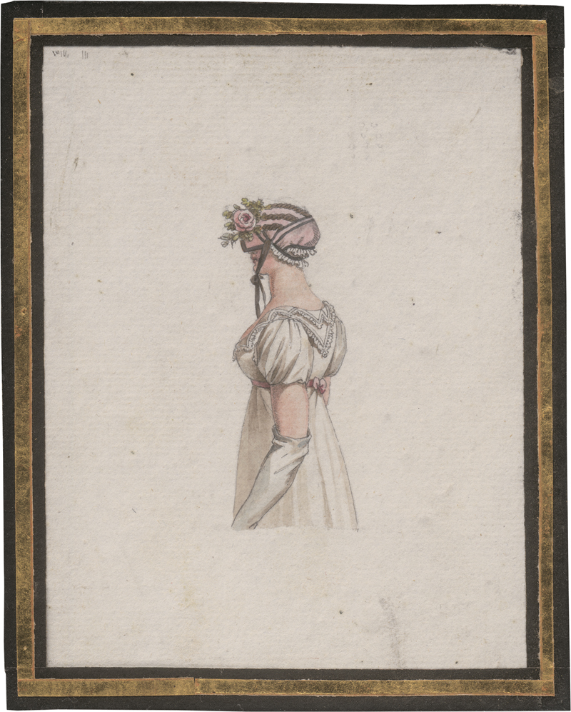 Lot 6618, Auction 126, Klein, Johann Adam, Kostümstudie einer jungen Frau in halber Rückenansicht mit rosengeschmückter Haube und Handschuhen